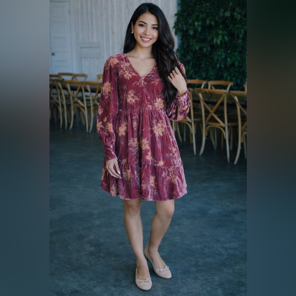 Pink Fit and Flare Long Sleeve Dress with V-Neck